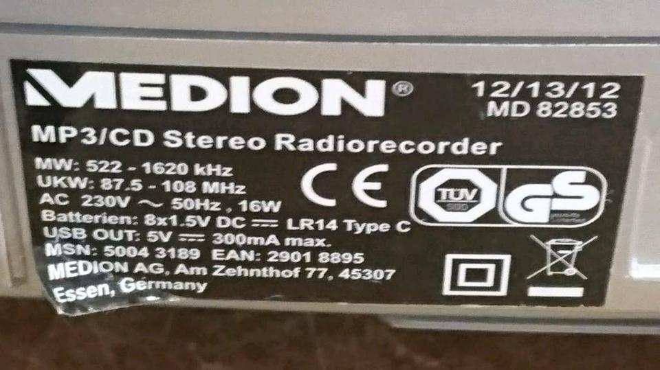 MEDION MD 82853, MP3/CD Radiorecorder, Original-Fernbedienung