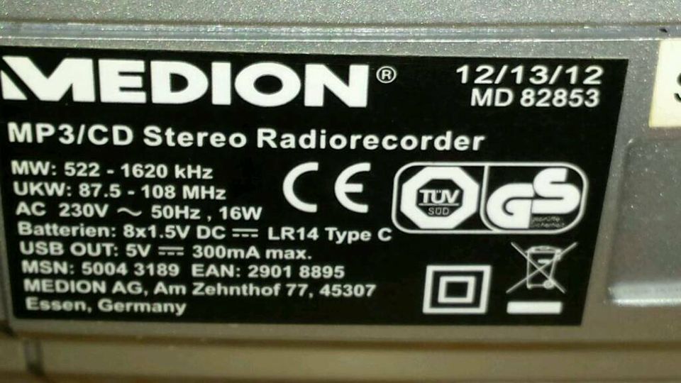 MEDION MD82853; MP3/CD Stereo Radiorecorder